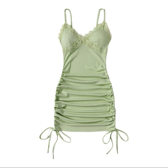 Sage Green Contrast Lace Drawstring Summer Dress - Picture 1 of 4